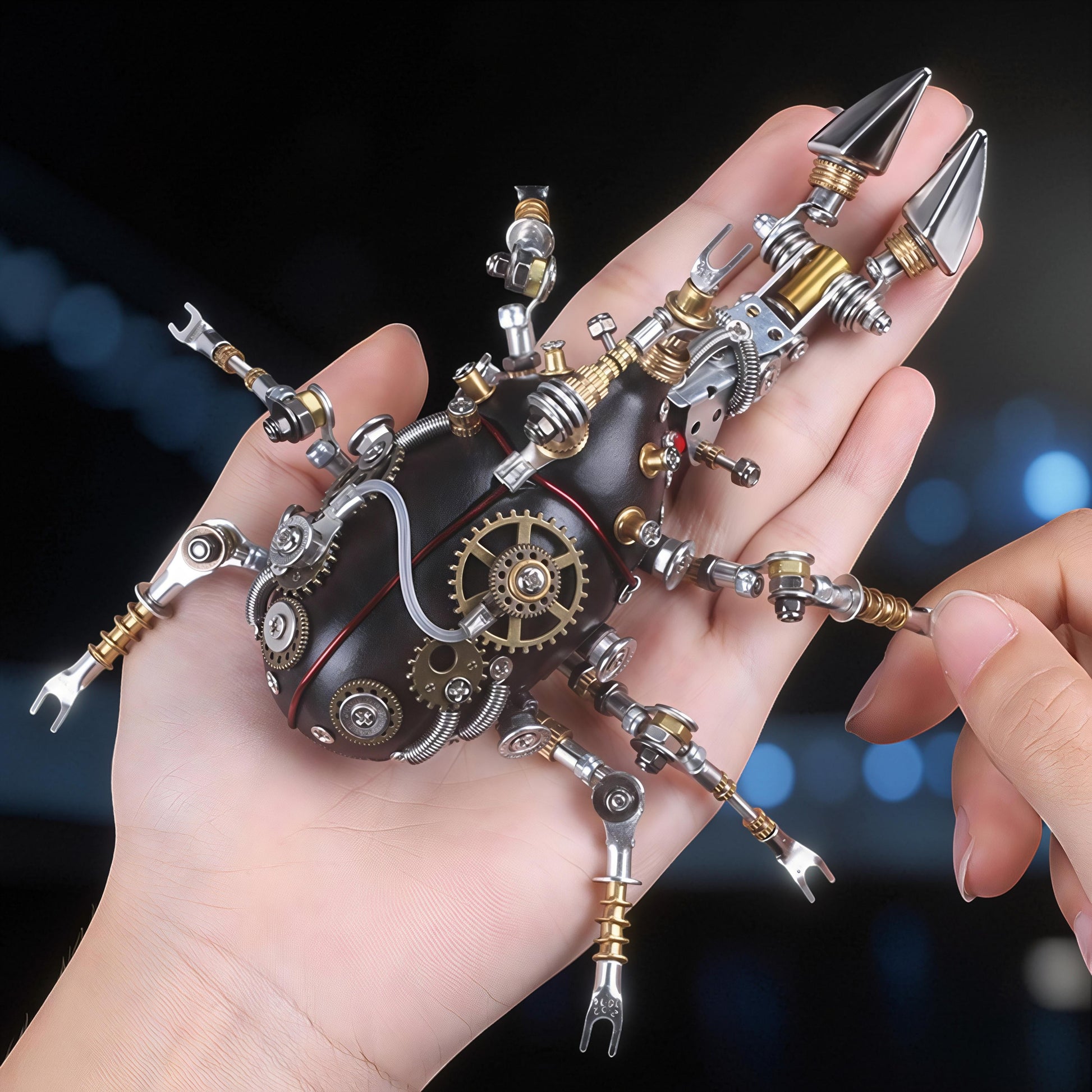The Curious Mind Rhino Beetle 3D metal model kit with intricate gears and lighting features, held in a hand.