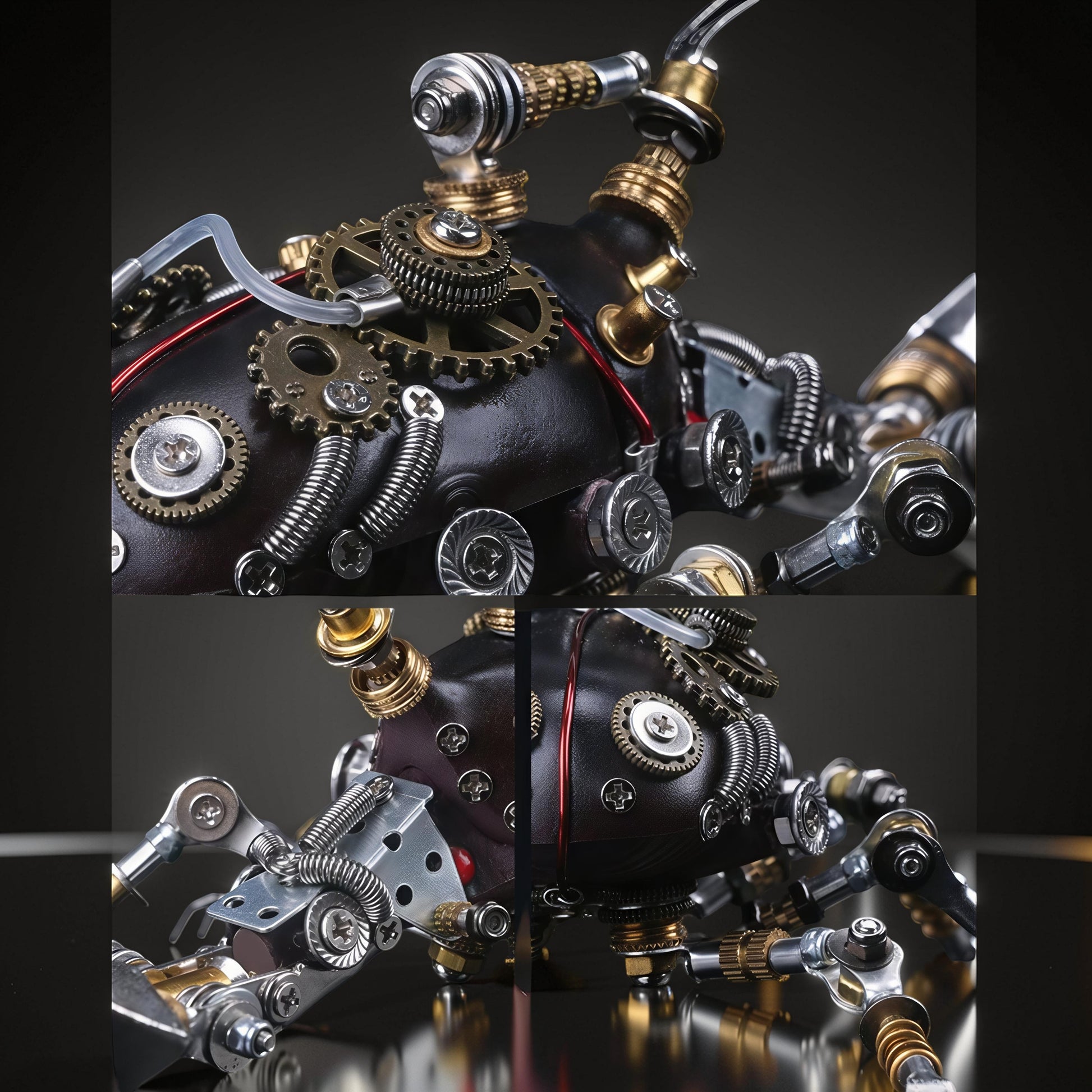 The Curious Mind Rhino Beetle 3D metal model kit with intricate gears, springs, and metallic details. Steampunk-inspired creature.