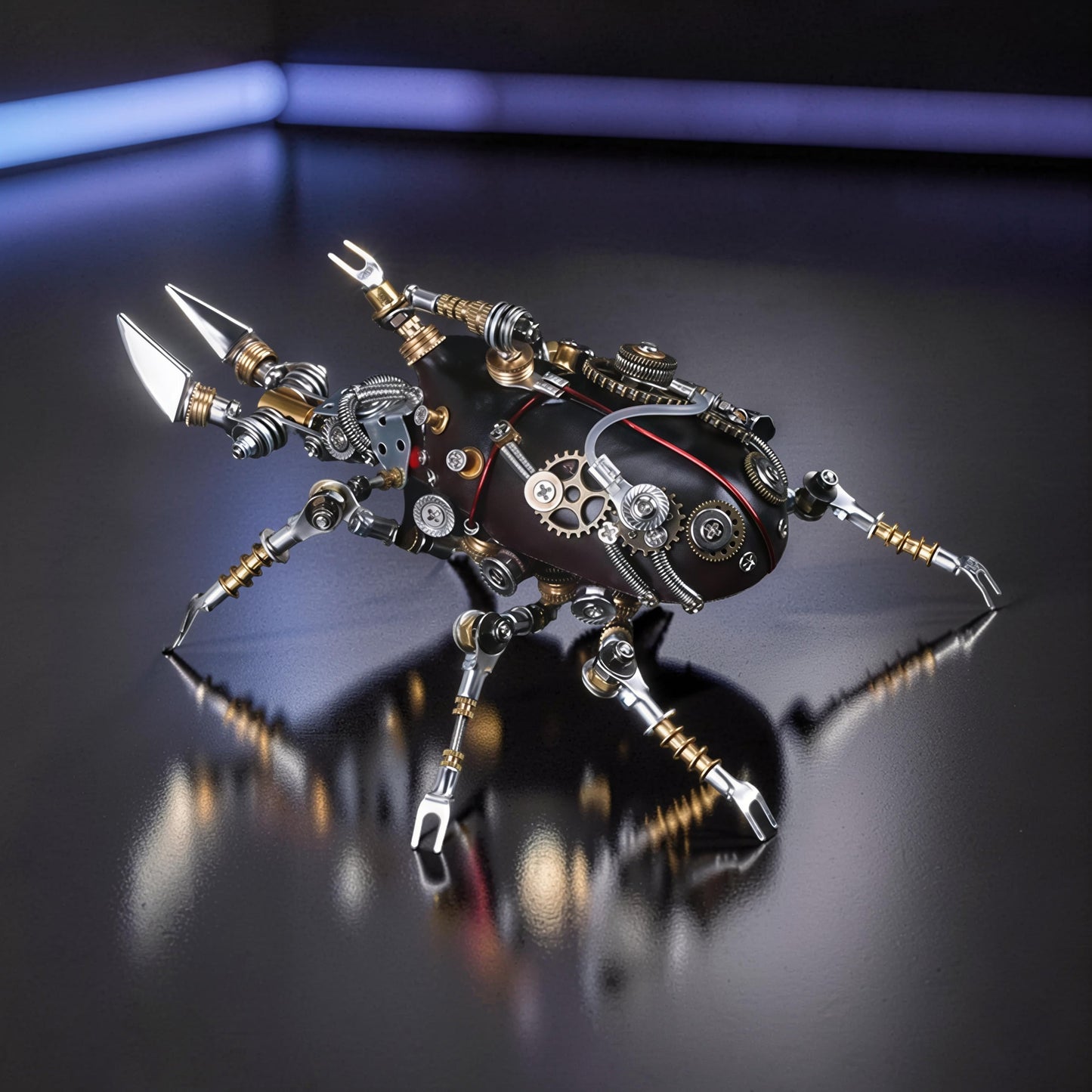 The Curious Mind Rhino Beetle 3D metal model kit with intricate gears, metallic legs, and illuminated details.