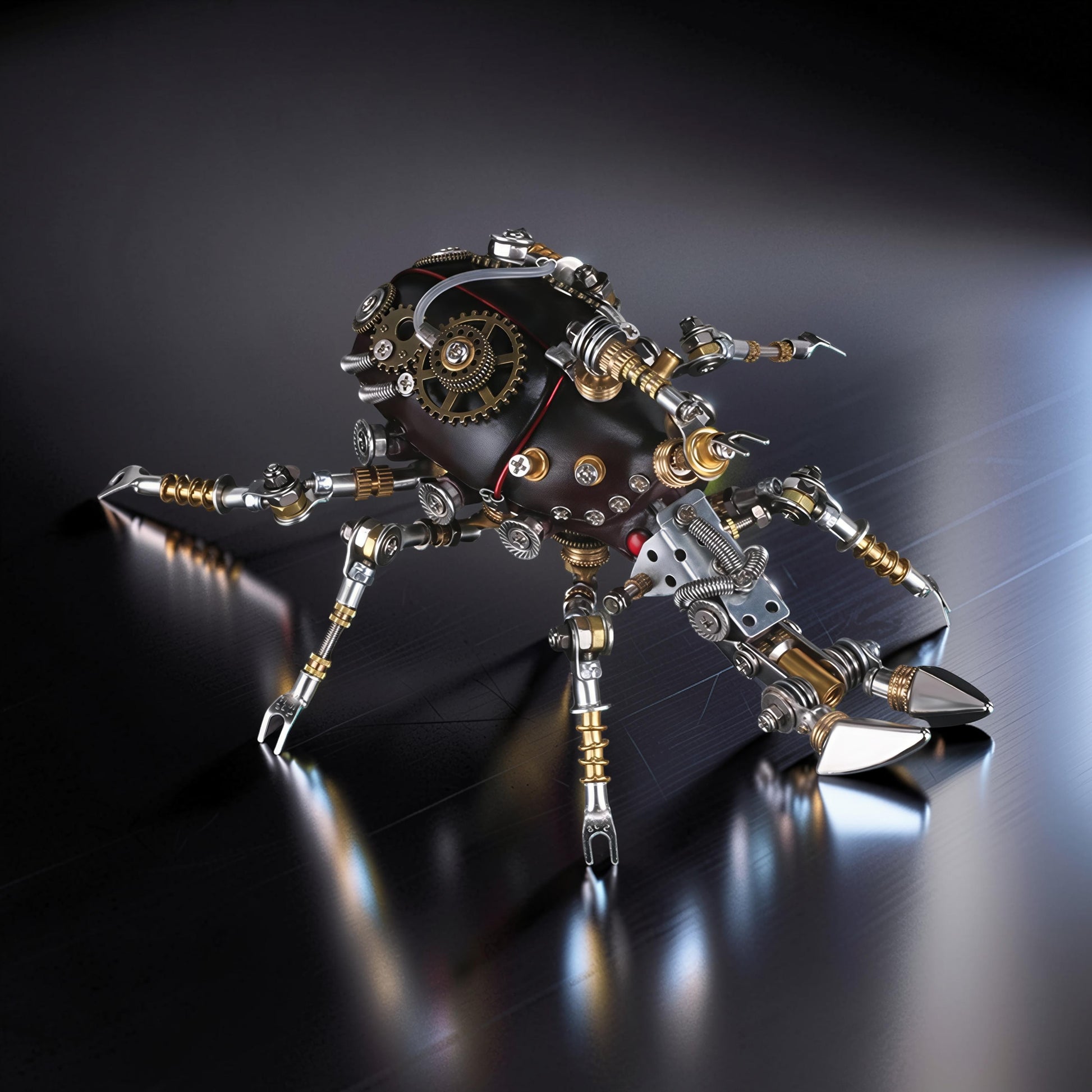 The Curious Mind Rhino Beetle 3D metal model kit with intricate gears, springs, and metallic legs. Features LED lights for enhanced display.