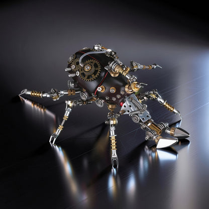 The Curious Mind Rhino Beetle 3D metal model kit with intricate gears, springs, and metallic legs. Features LED lights for enhanced display.