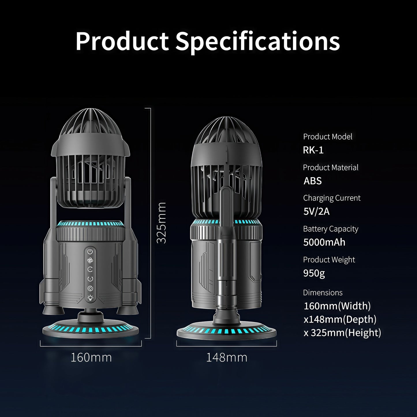 The Curious Mind Rocket Desktop Cooling Fan, black ABS and metal, with blue LED accents on base and fan cage.