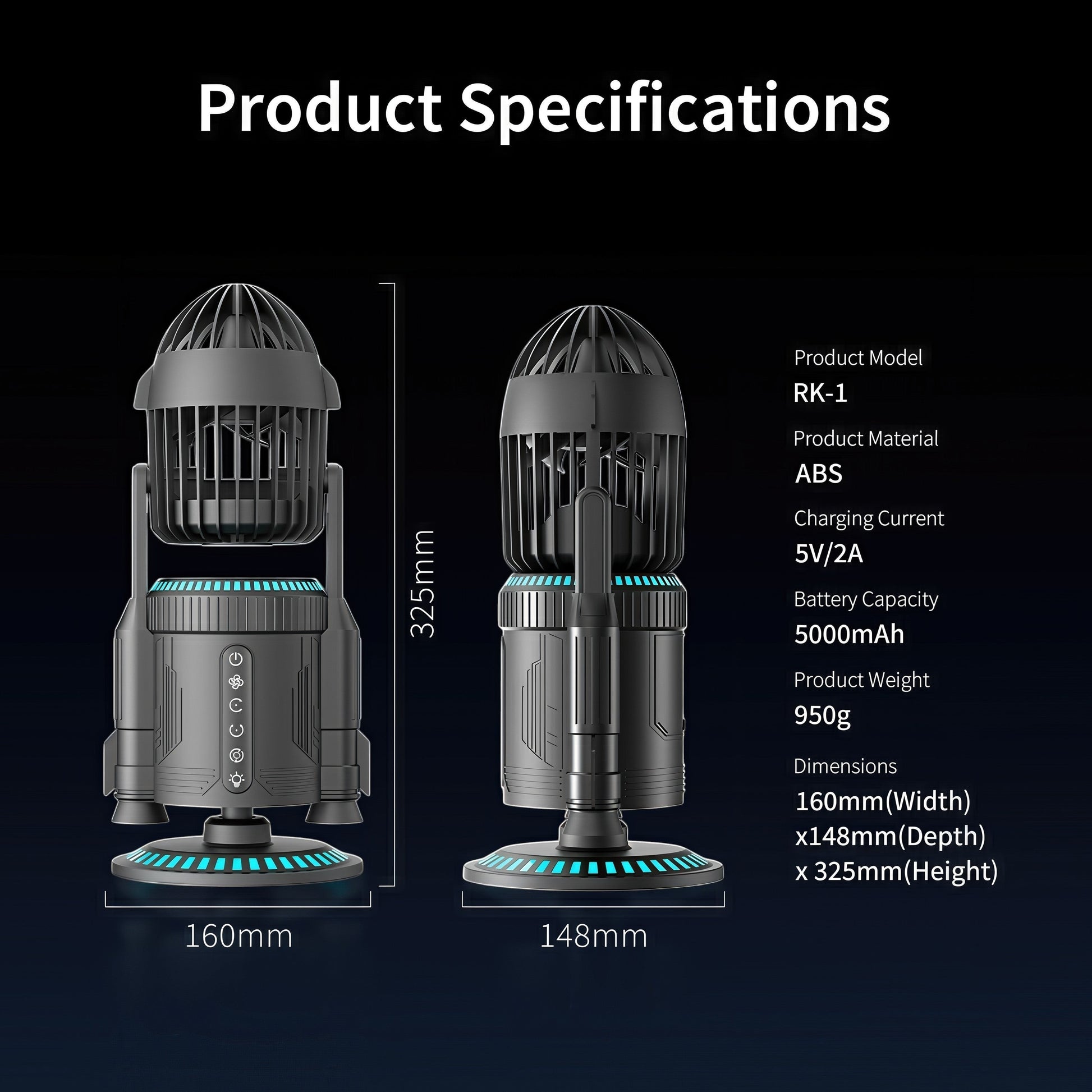 The Curious Mind Rocket Desktop Cooling Fan, black ABS and metal, with blue LED accents on base and fan cage.