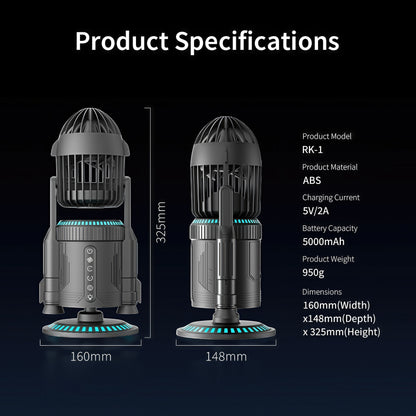 The Curious Mind Rocket Desktop Cooling Fan, black ABS and metal, with blue LED accents on base and fan cage.