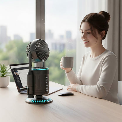 The Curious Mind Rocket Desktop Cooling Fan, a black, rocket-shaped fan with blue LED lights, on a desk next to a laptop and a woman holding a mug.