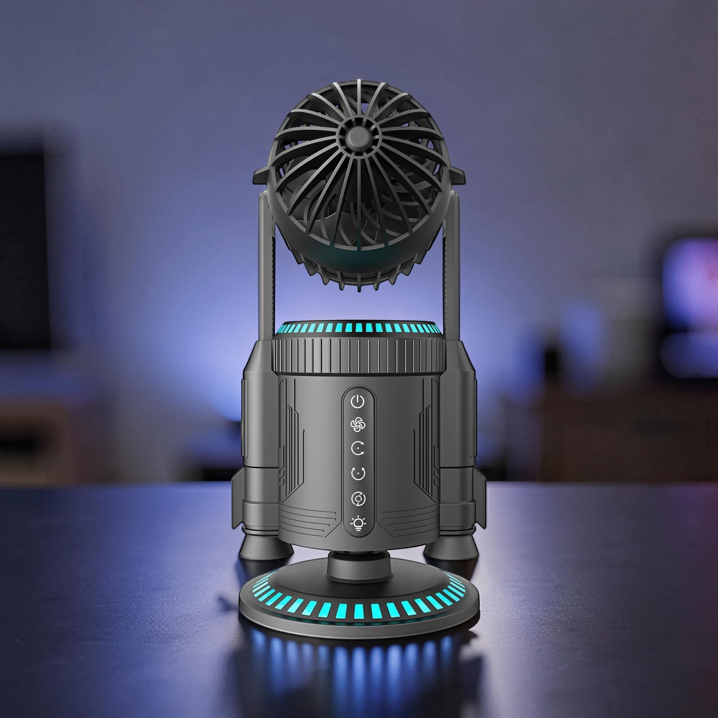 The Curious Mind Rocket Desktop Cooling Fan with LED lights and power/speed/light controls.