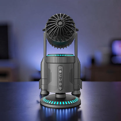 The Curious Mind Rocket Desktop Cooling Fan with LED lights and power/speed/light controls.