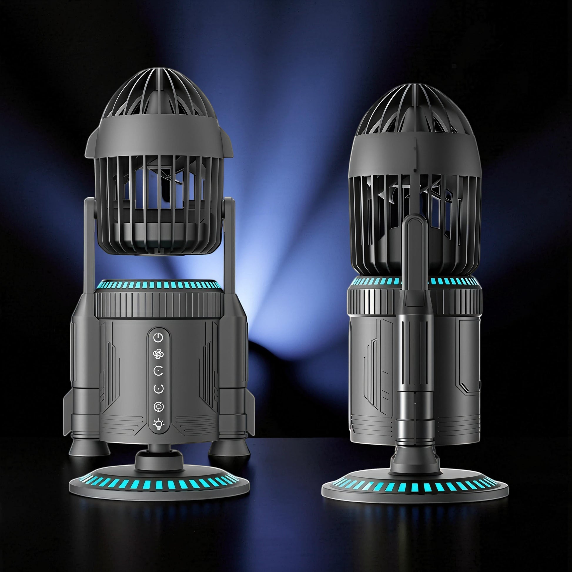 The Curious Mind rocket-shaped desktop cooling fan in dark grey with blue LED accents on the base and controls.