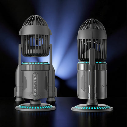 The Curious Mind rocket-shaped desktop cooling fan in dark grey with blue LED accents on the base and controls.