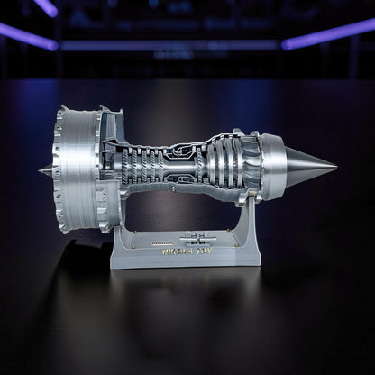The Curious Mind turbofan engine display model, 40cm, made of silver PLA with visible internal mechanics.