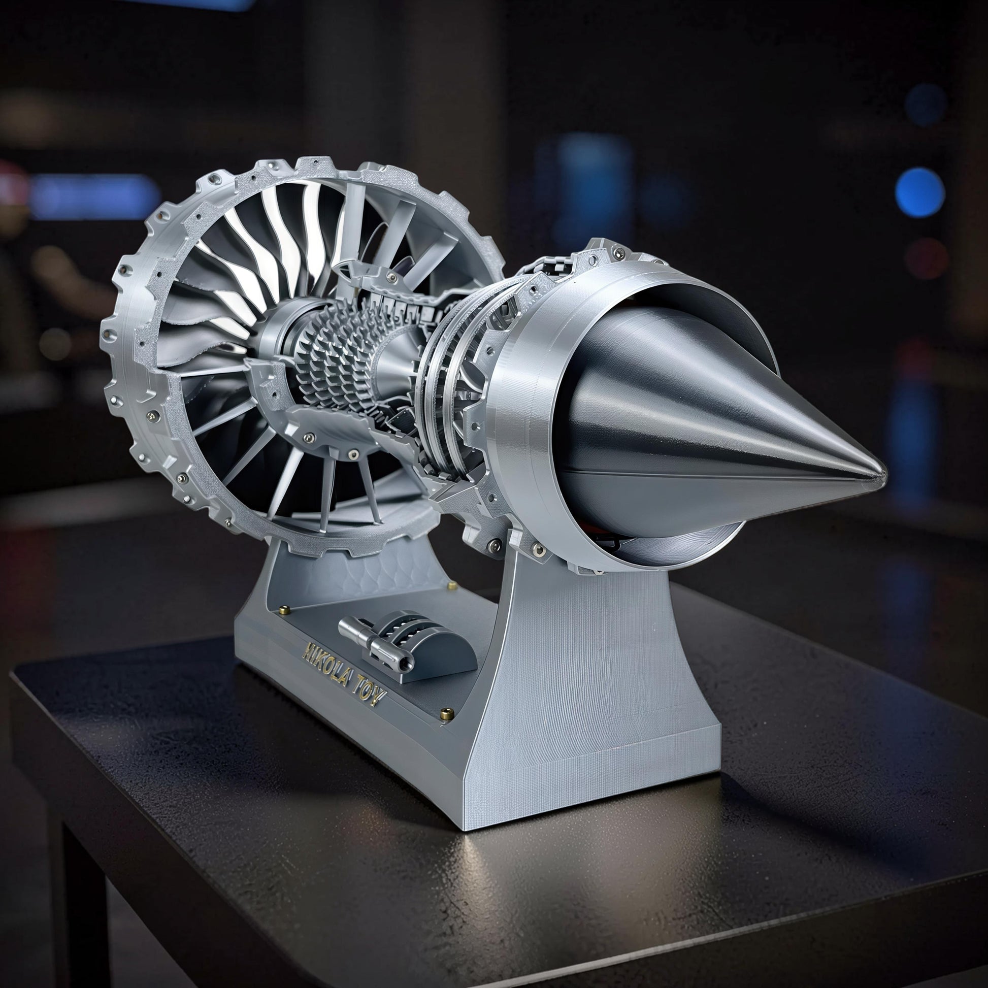 The Curious Mind Rolls-Royce Trent 900 turbofan engine display model, made of silver PLA, featuring intricate mechanical details and a conical nose cone.
