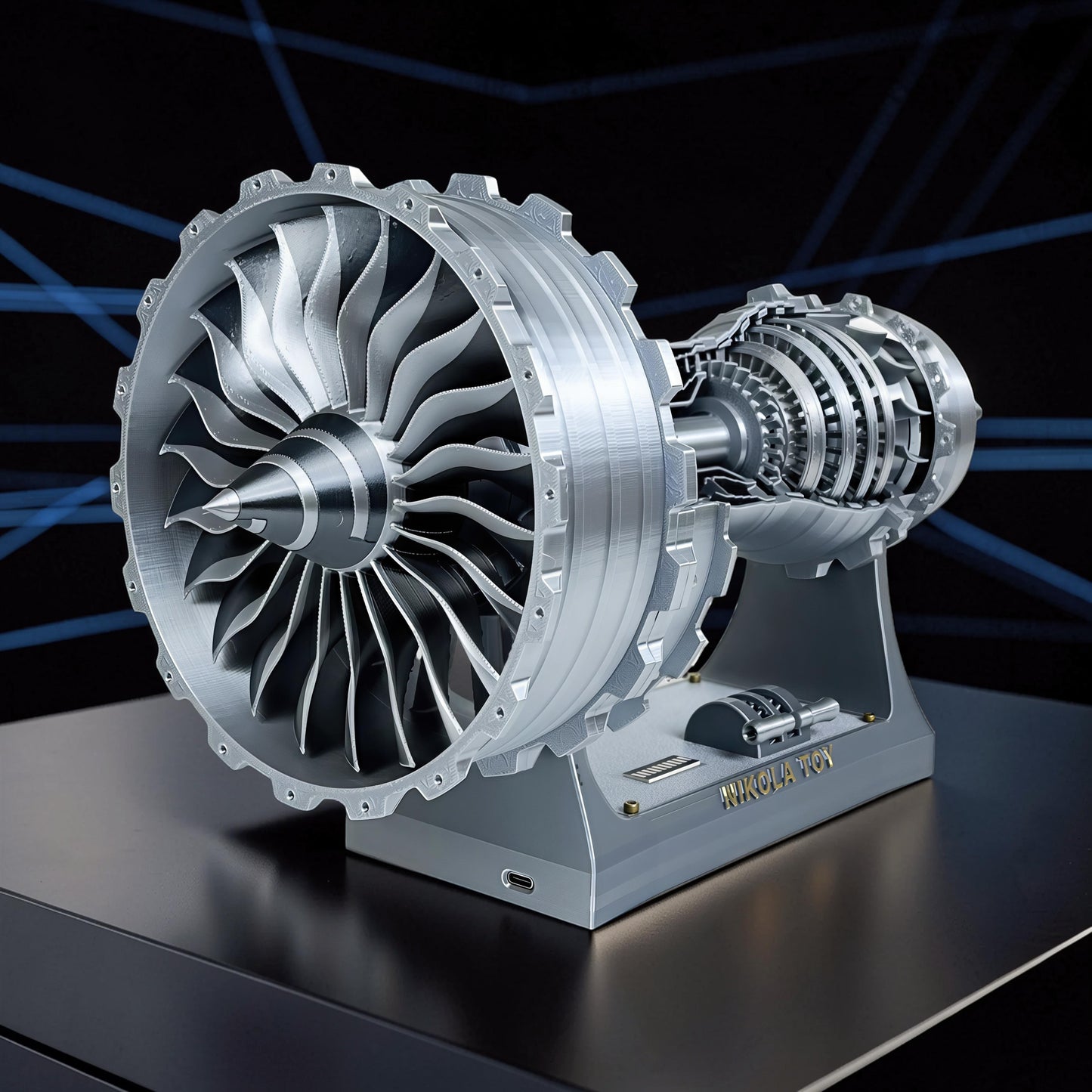 The Curious Mind Rolls-Royce Trent 900 turbofan engine display model, 40cm, made of silver PLA with visible internal mechanics and fan blades.