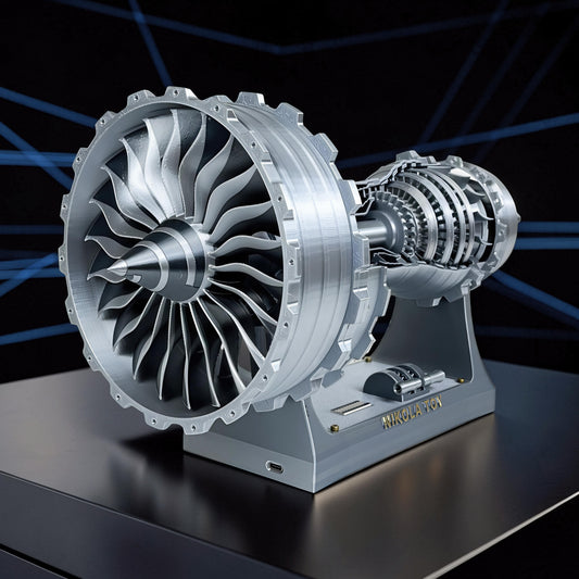 The Curious Mind Rolls-Royce Trent 900 turbofan engine display model, 40cm, made of silver PLA with visible internal mechanics and fan blades.