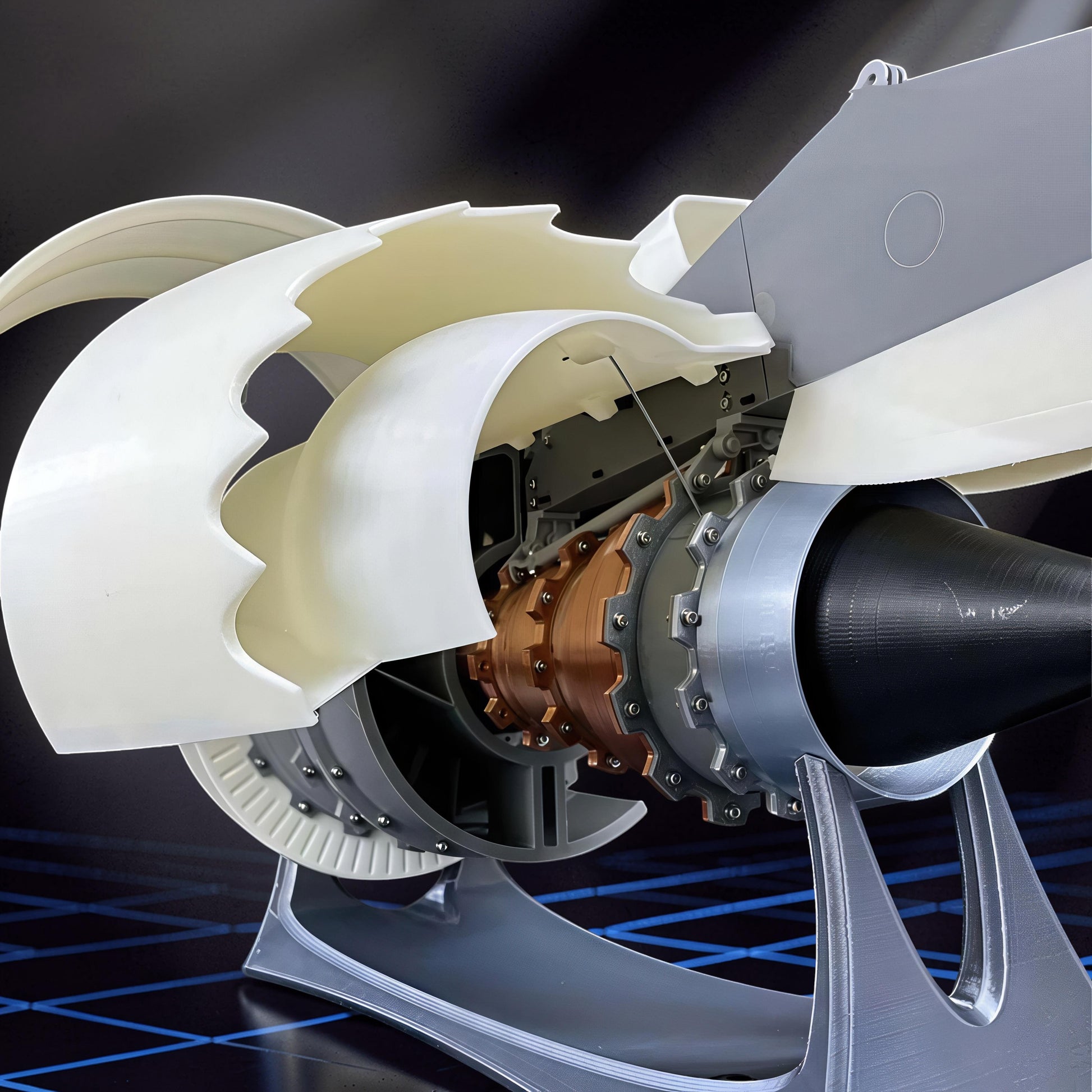 The Curious Mind Rolls-Royce Trent 900 turbofan engine display model, 35cm, made of white PLA with copper and grey mechanical details.