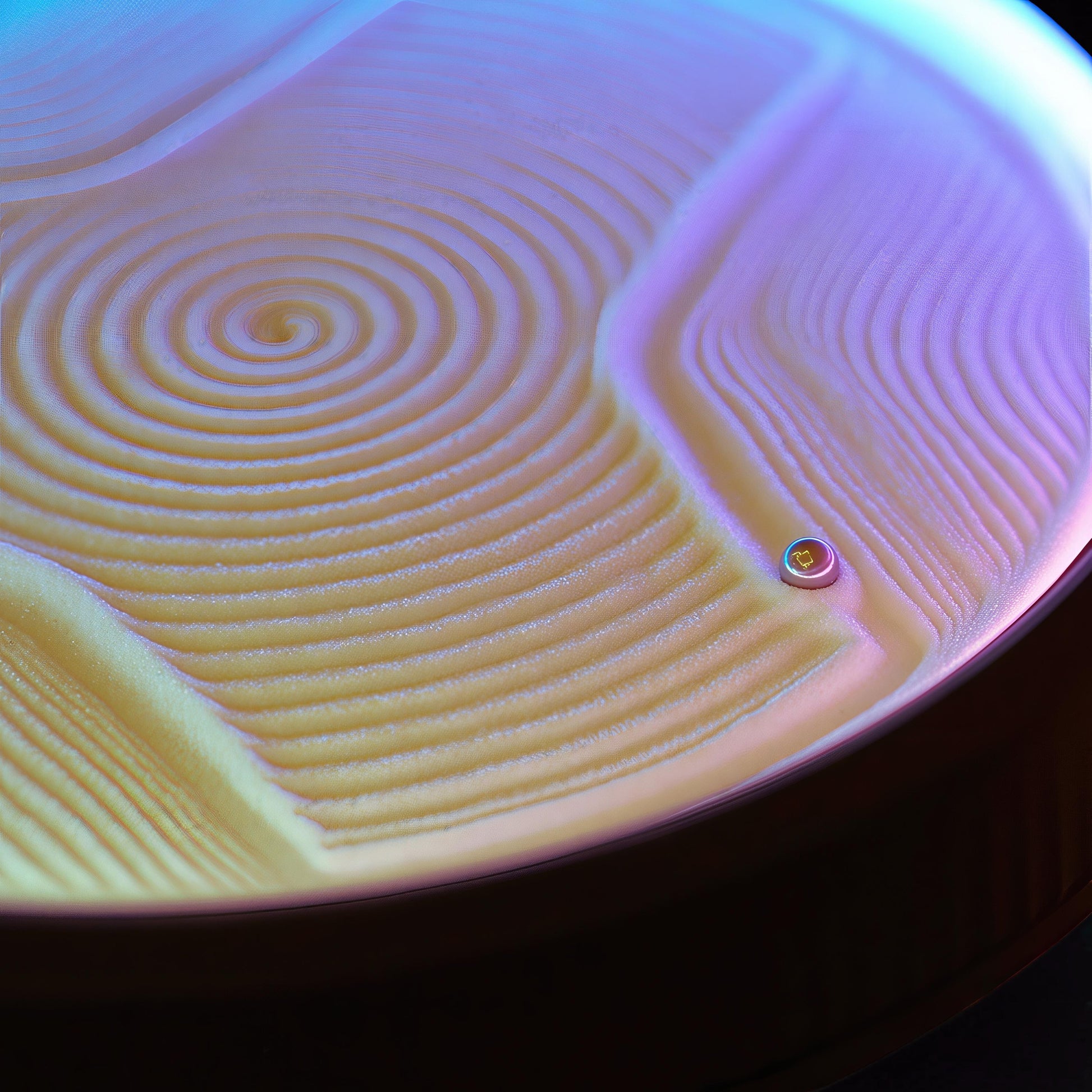 The Curious Mind SANDSARA Mini Sand Painting Machine with yellow sand creating swirling patterns under purple and blue light.