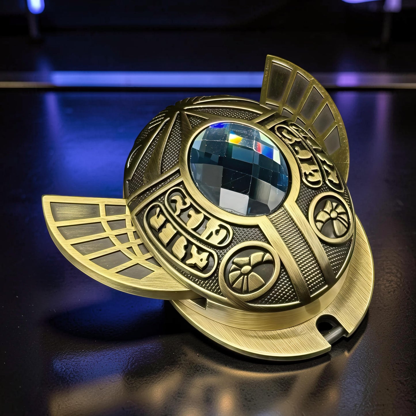 The Curious Mind Scarab Metal EDC Fidget Spinner with intricate Egyptian-inspired detailing and a faceted gem.