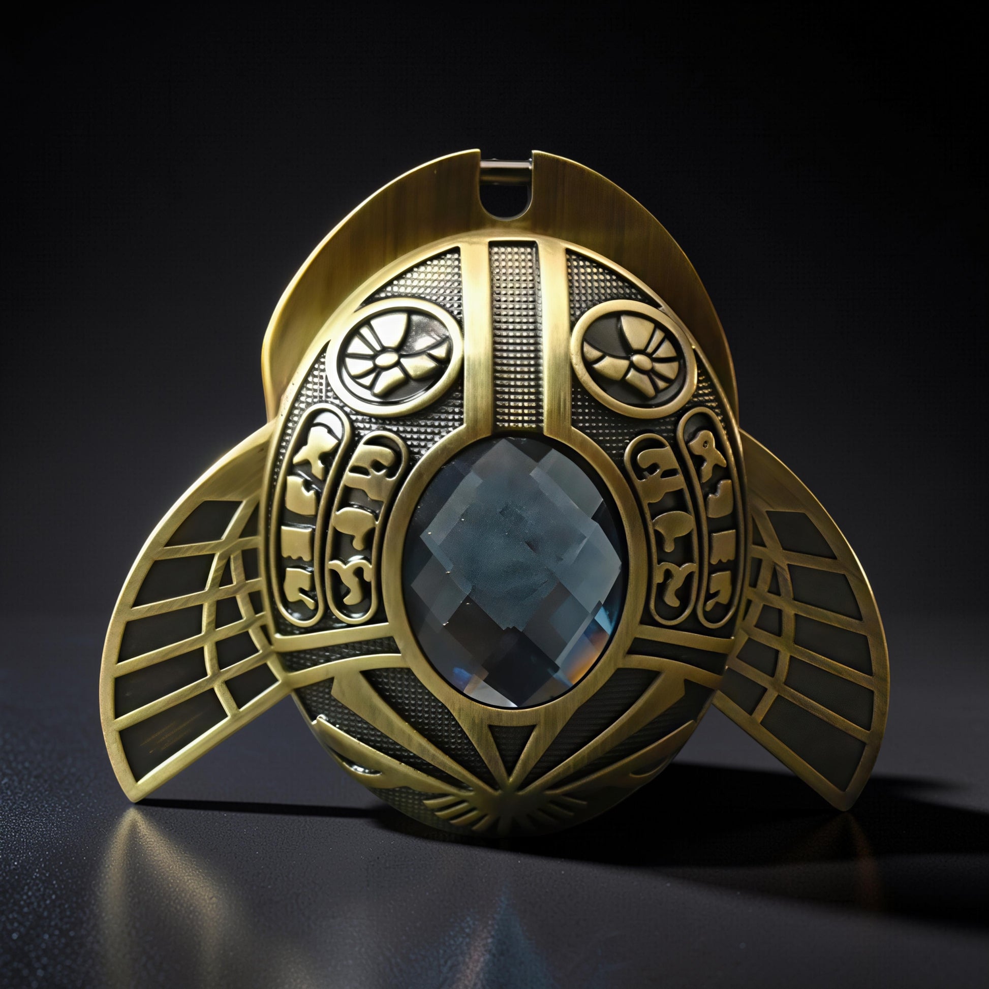 The Curious Mind Scarab Metal EDC Fidget Spinner with a dark blue gem and intricate Egyptian-inspired detailing.