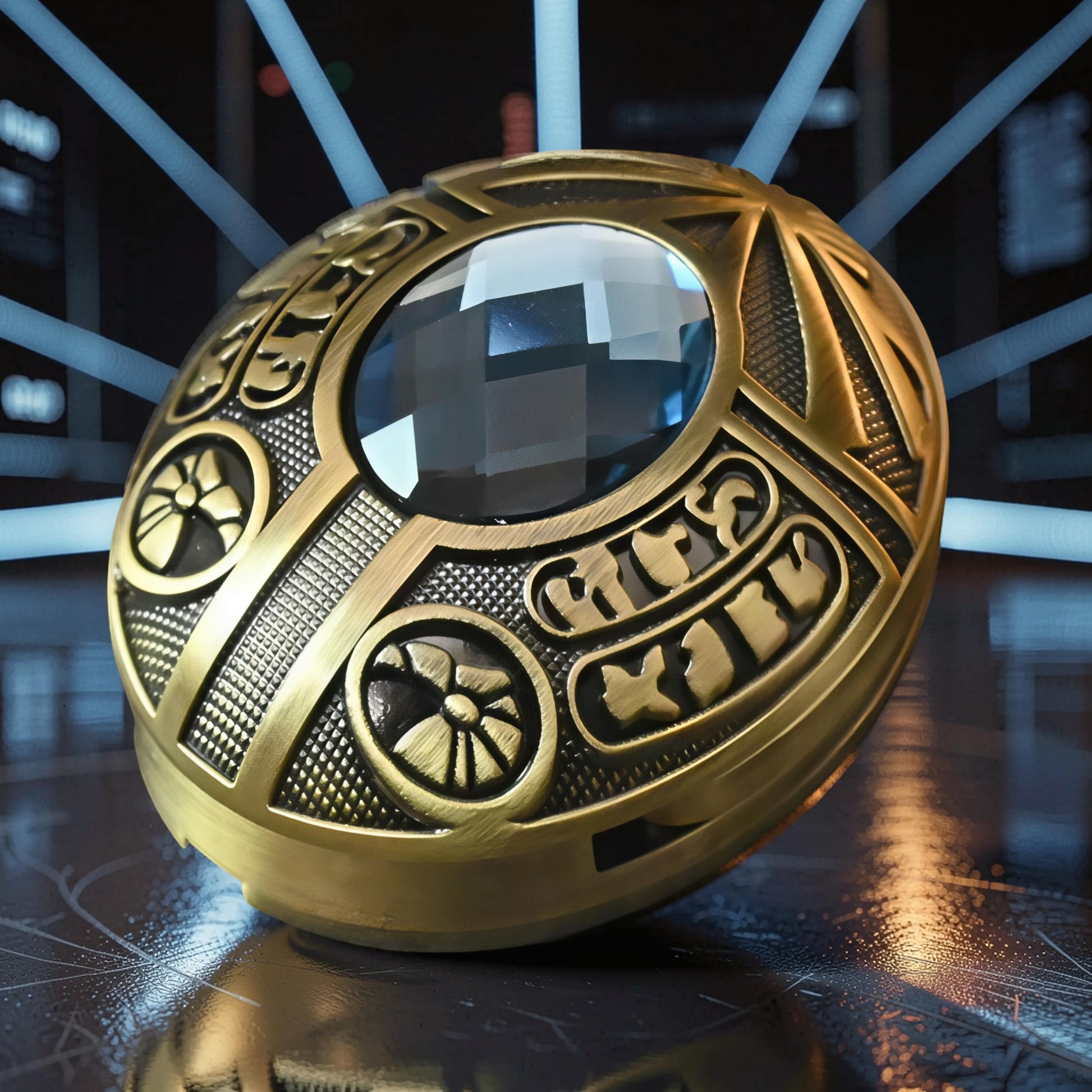 The Curious Mind Scarab Metal EDC Fidget Spinner with blue gem and intricate gold detailing.