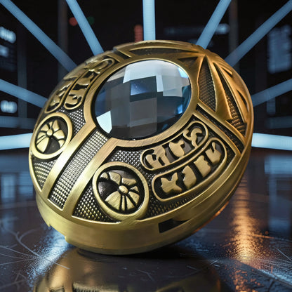 The Curious Mind Scarab Metal EDC Fidget Spinner with blue gem and intricate gold detailing.
