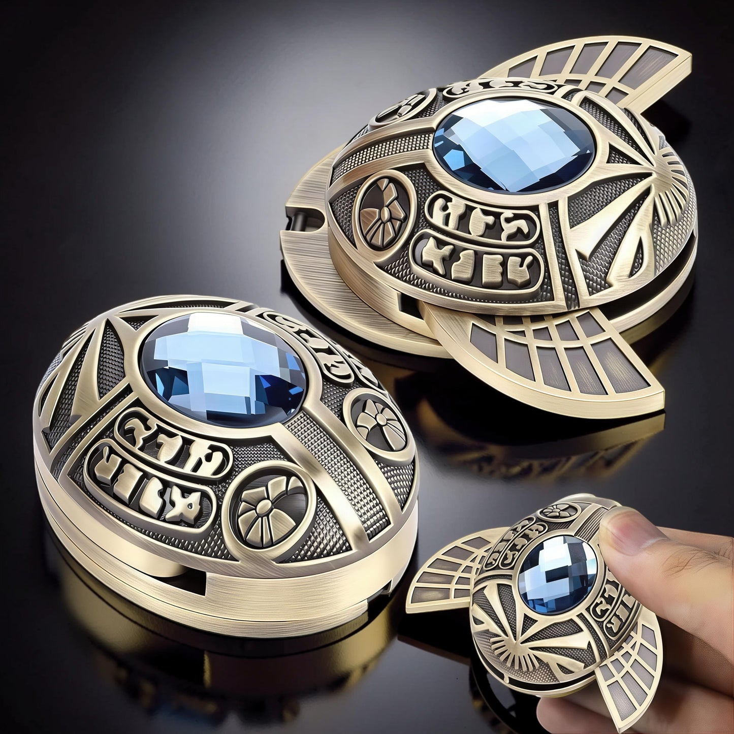 The Curious Mind Scarab Metal EDC Fidget Spinner with blue gem and Egyptian hieroglyphs.