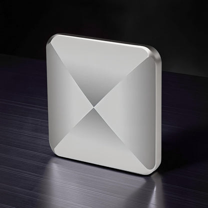 The Curious Mind Flipo Flip Square kinetic desk spinner, silver metal, geometric design, for focus and stress relief.