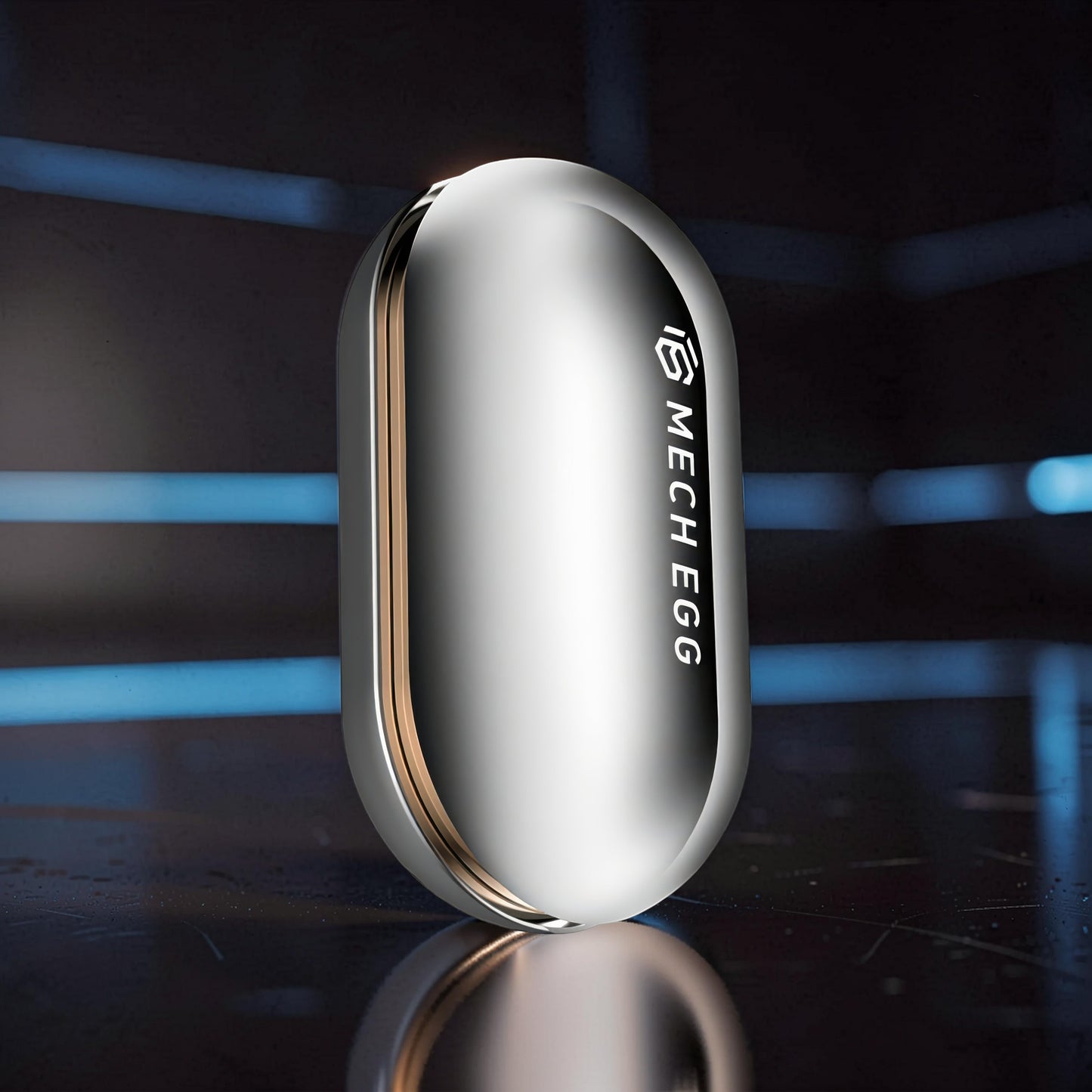 The Curious Mind Mech Egg Clicker Slider: compact, silver metal fidget with capsule shape and satisfying clicky slider action.
