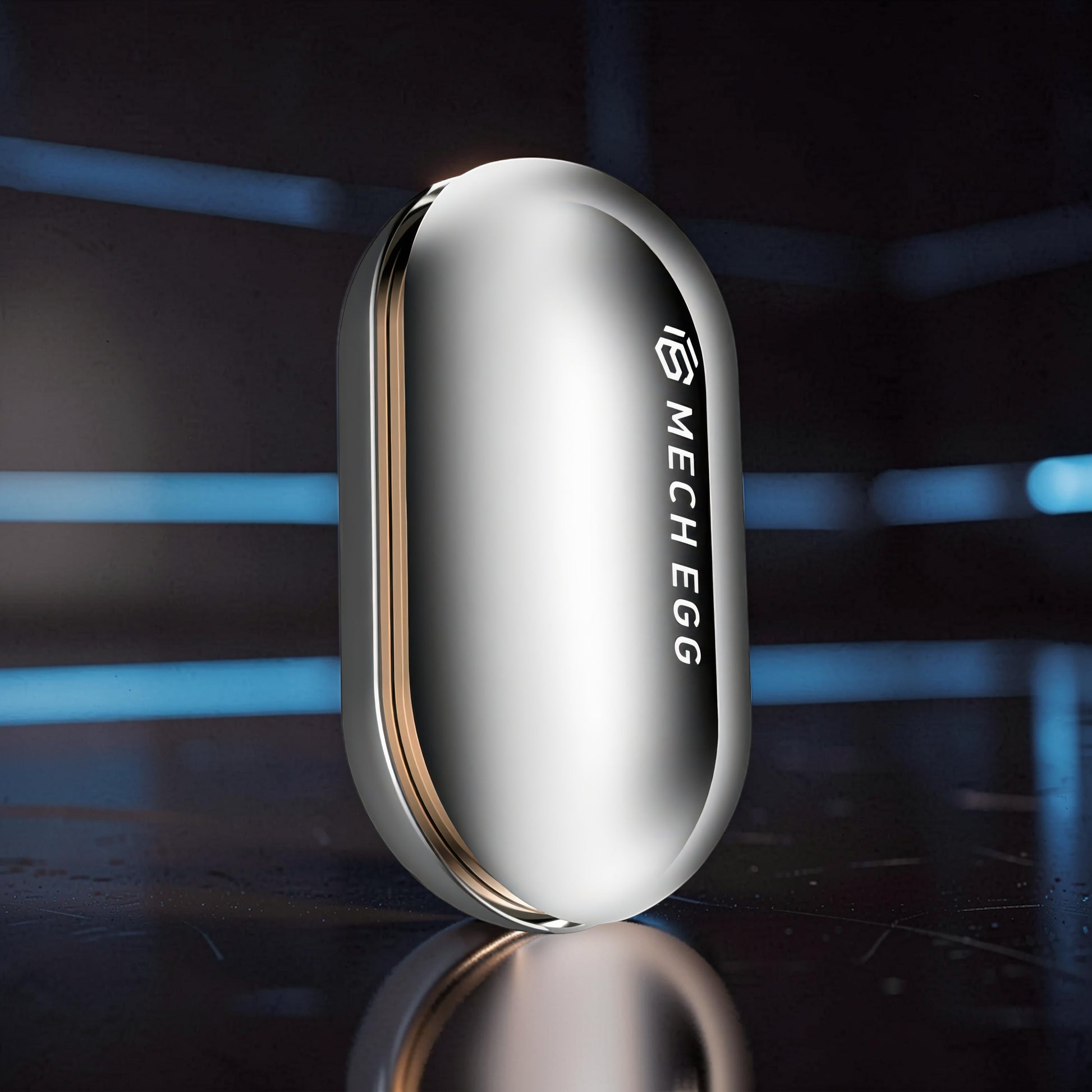 The Curious Mind Mech Egg Clicker Slider: compact, silver metal fidget with capsule shape and satisfying clicky slider action.