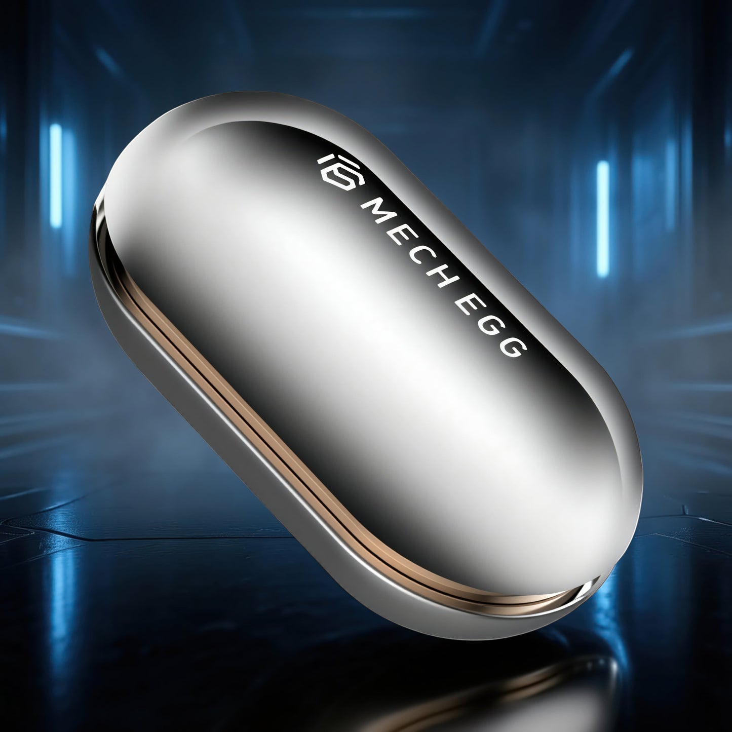 The Curious Mind Mech Egg Clicker Slider: compact, silver metal fidget toy with a capsule shape and satisfying clicky slider action.