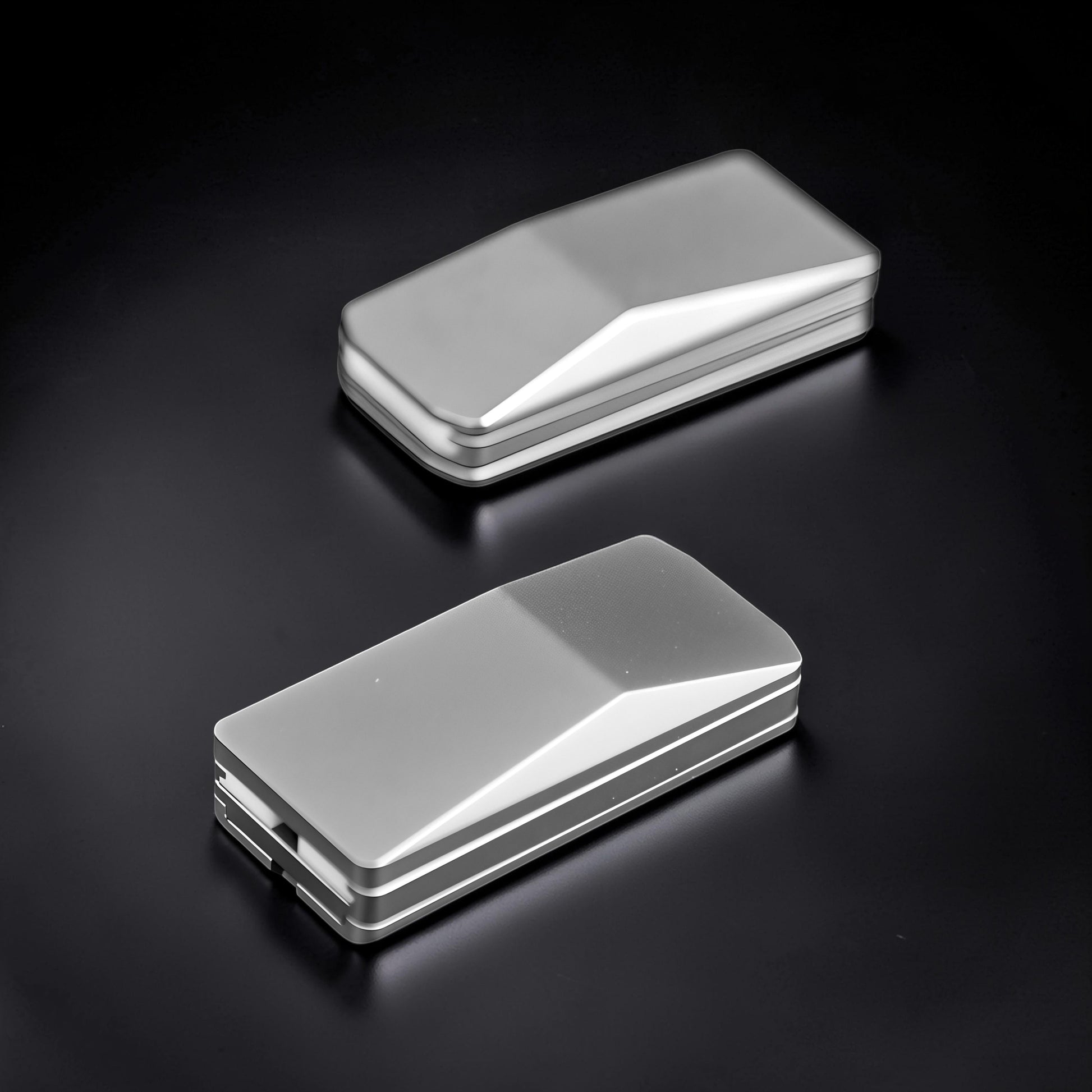 The Curious Mind Cyberpunk Truck Push Slider, a compact silver metal fidget toy with a sleek, angular design for stress relief and focus.