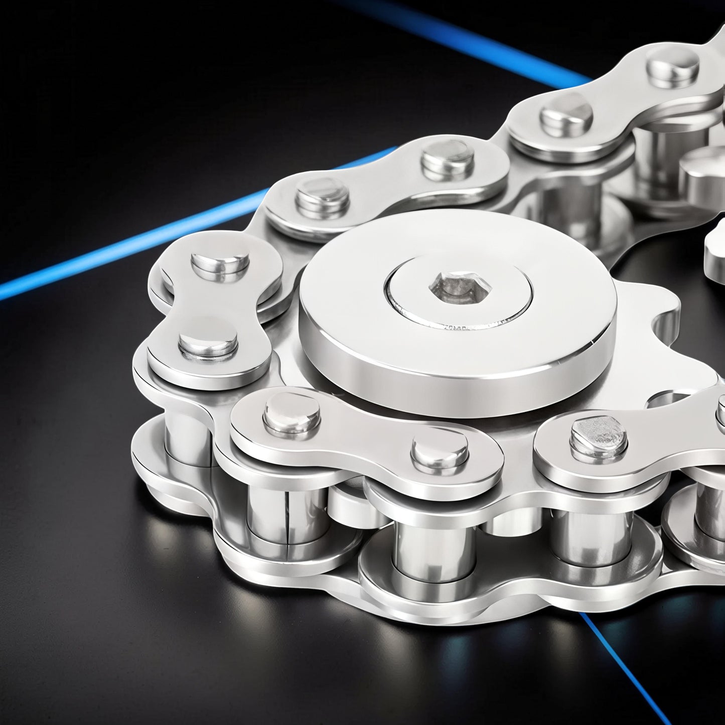 The Curious Mind Gear Chain Sprocket Spinner, a silver metal fidget toy with a gear and chain design.
