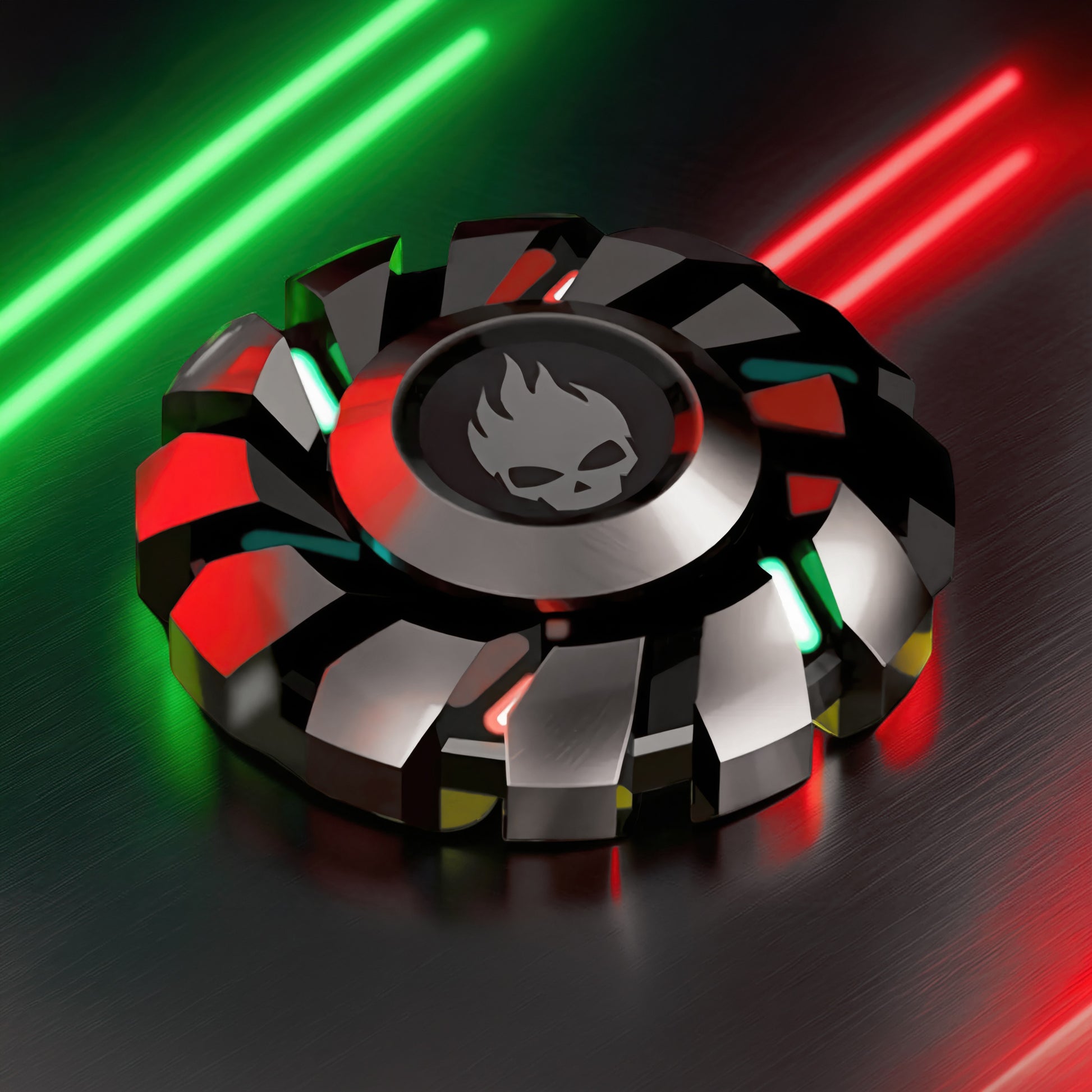 The Curious Mind Skull Wheel Glow Spinner, a metal fidget toy with turbine-style design, skull emblem, and red/green glowing accents.