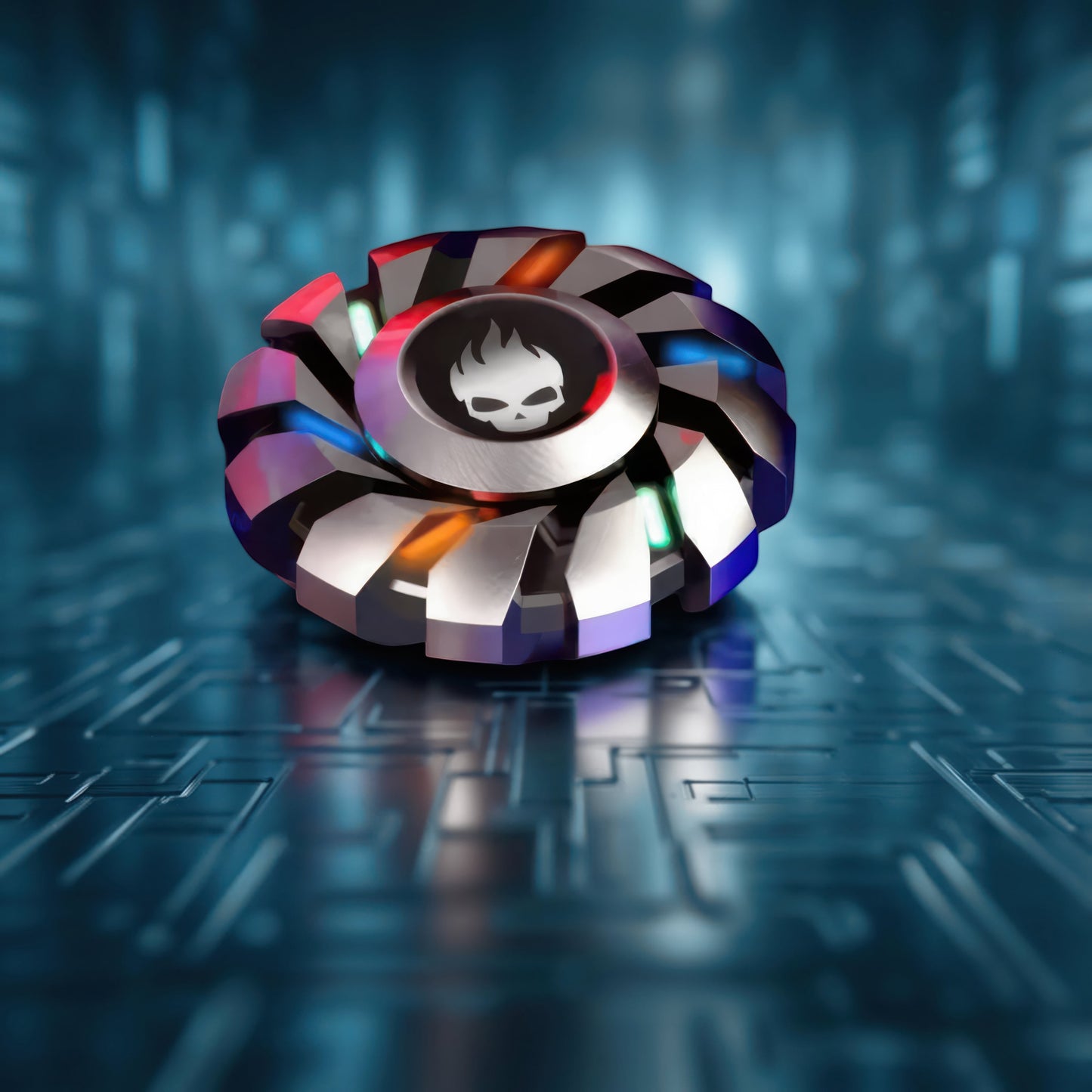 The Curious Mind Skull Wheel Glow Spinner features a turbine-style metal design with a skull centerpiece and colourful glow accents.