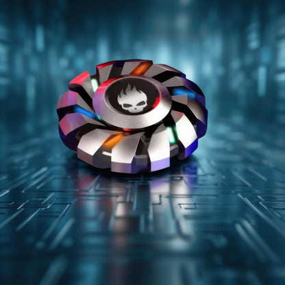 The Curious Mind Skull Wheel Glow Spinner features a turbine-style metal design with a skull centerpiece and colourful glow accents.