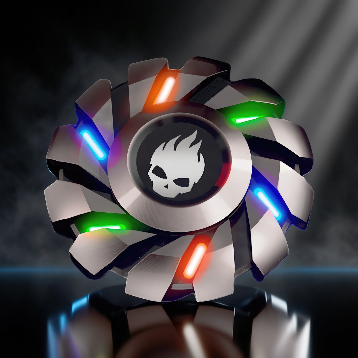 The Curious Mind Skull Wheel Glow Spinner features a turbine-style metal design with a skull centerpiece and glowing blue, green, and orange accents.