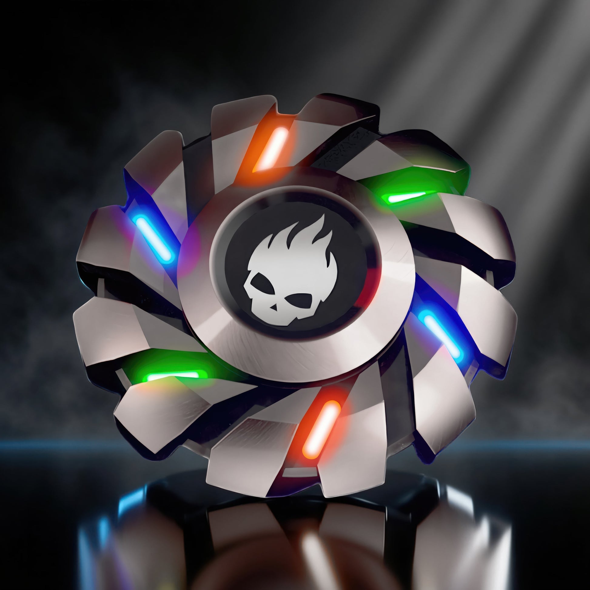 The Curious Mind Skull Wheel Glow Spinner features a turbine-style metal design with a skull centerpiece and glowing blue, green, and orange accents.
