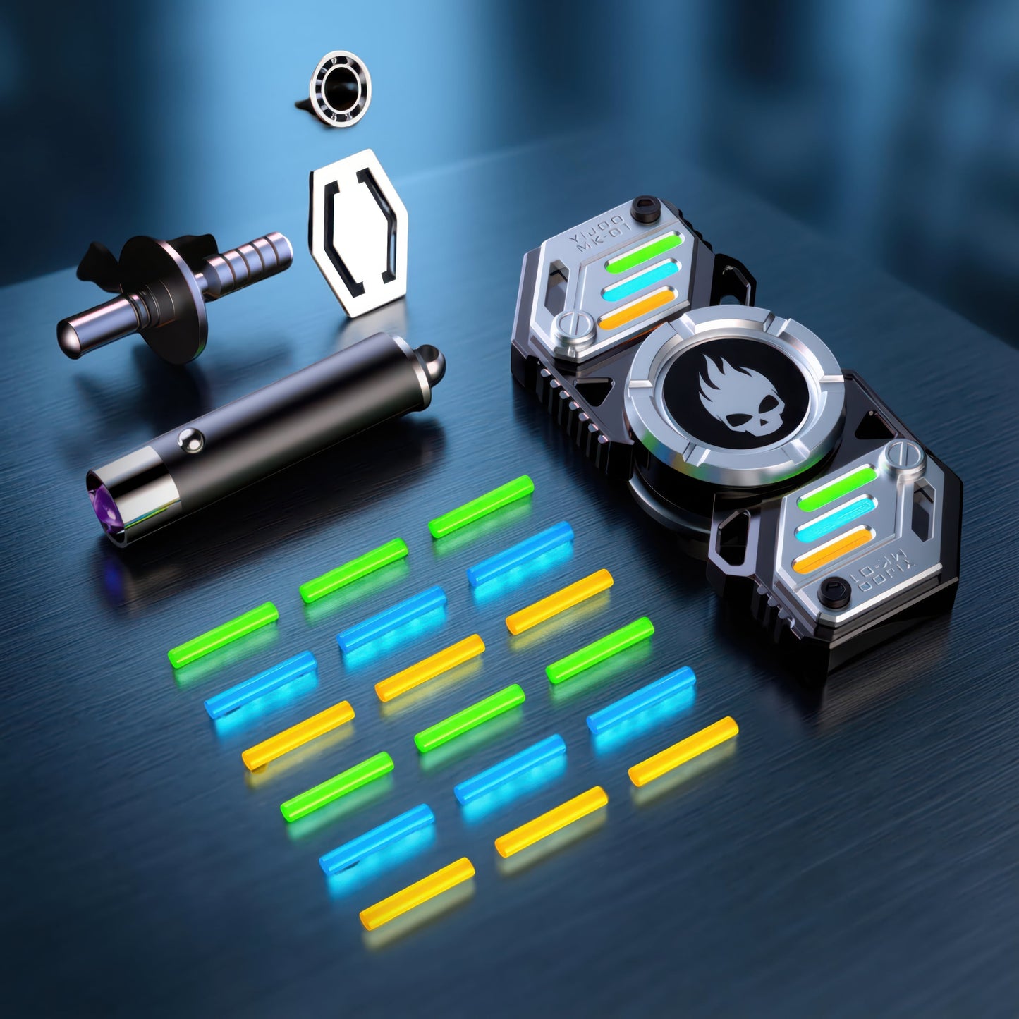 The Curious Mind Skull Wheel 2-Blade Spinner Gift Set with accessories: metal rod, bearing, UV torch, and glow sticks.