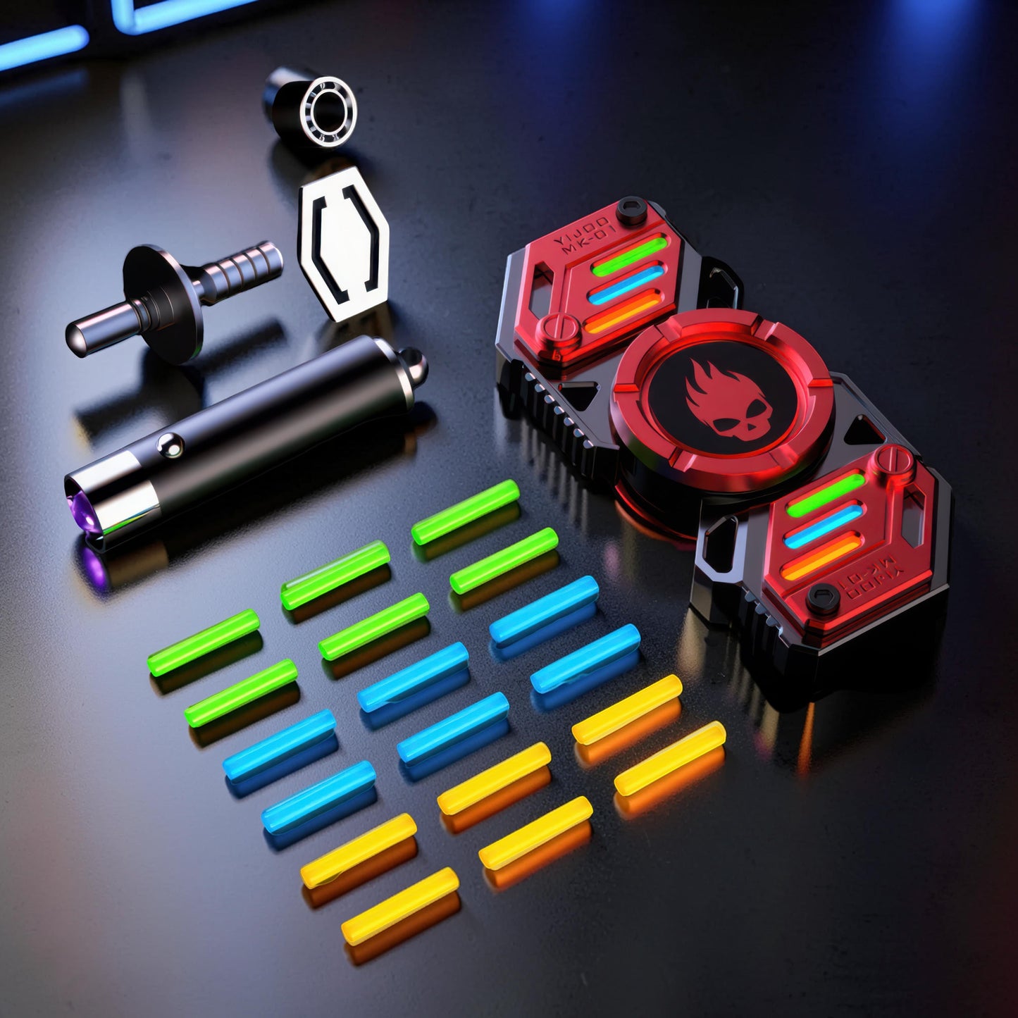 The Curious Mind Skull Wheel 2-Blade Spinner Gift Set with red and black metal spinner, glow accents, and accessories.