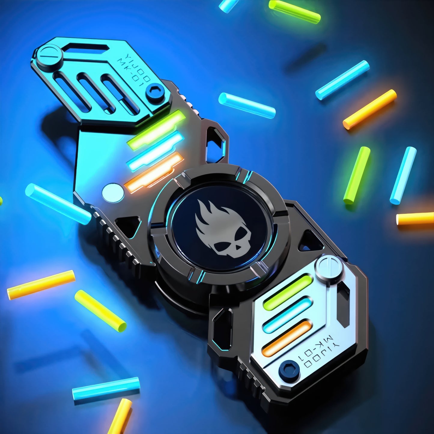 The Curious Mind Skull Wheel 2-Blade Spinner Gift Set with glow accents and metal construction.