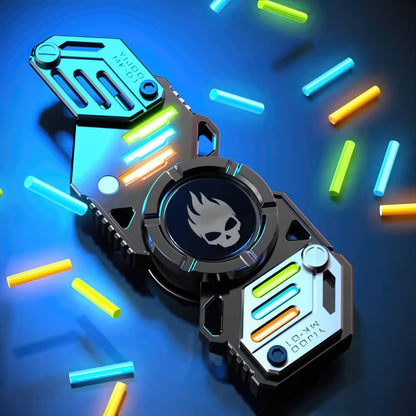The Curious Mind Skull Wheel 2-Blade Spinner Gift Set with glow accents and metal construction.