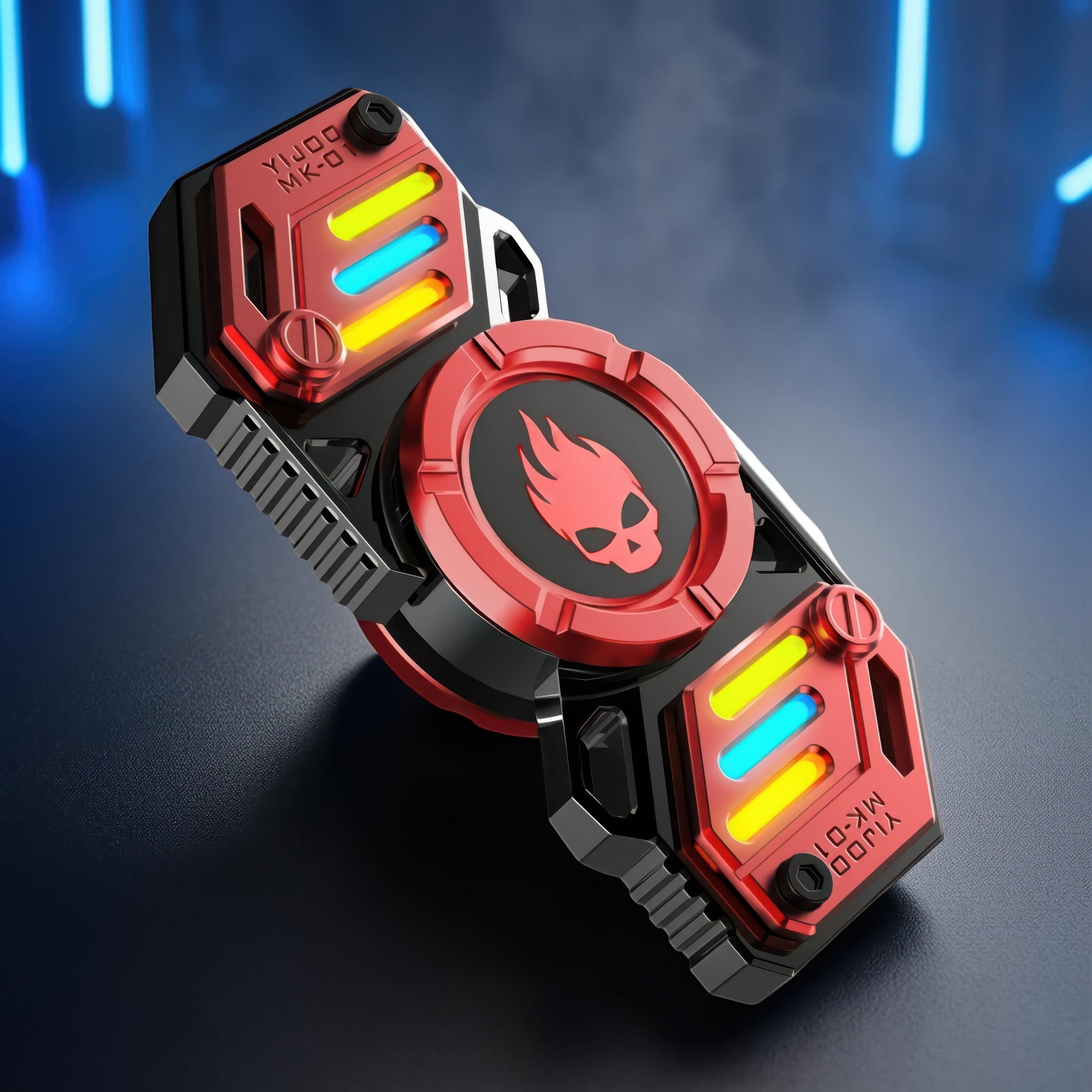 The Curious Mind Skull Wheel 2-Blade Spinner Gift Set features a red and black metal spinner with a skull emblem and glowing accents.