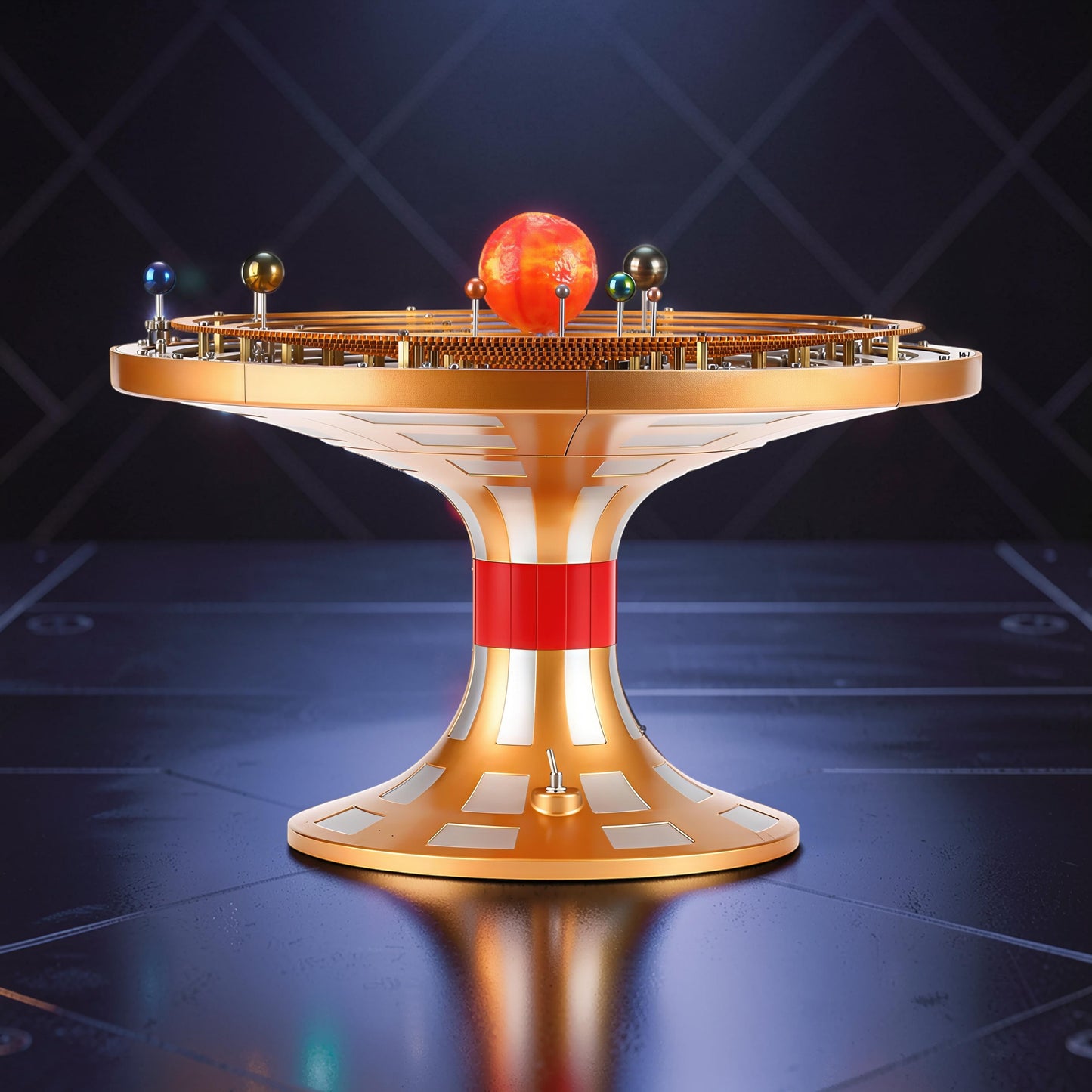 The Curious Mind Solar System DIY Kit features a detailed metal model with a central sun and orbiting planets on a golden, tiered base with red accents.