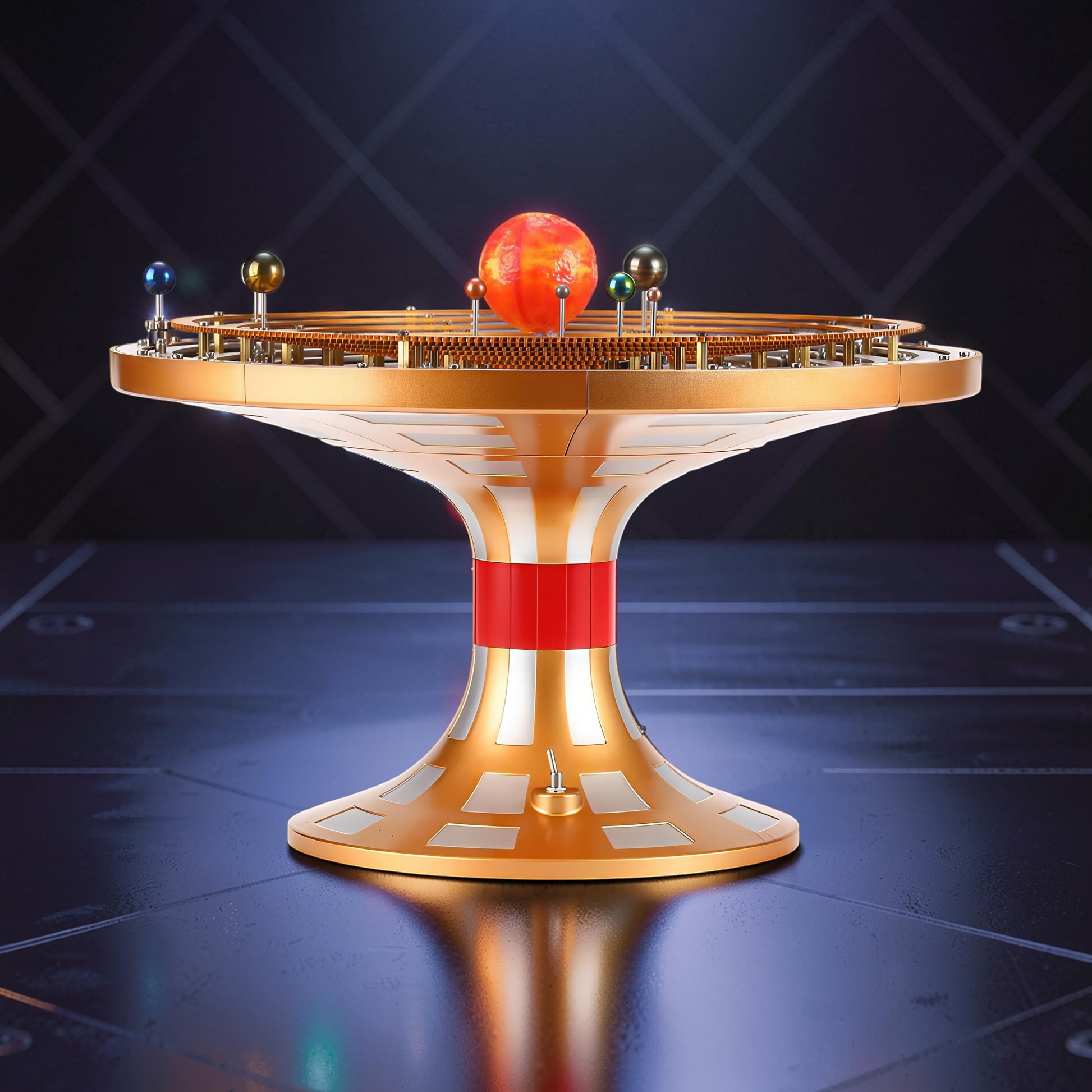 The Curious Mind Solar System DIY Kit features a detailed metal model with a central sun and orbiting planets on a golden, tiered base with red accents.