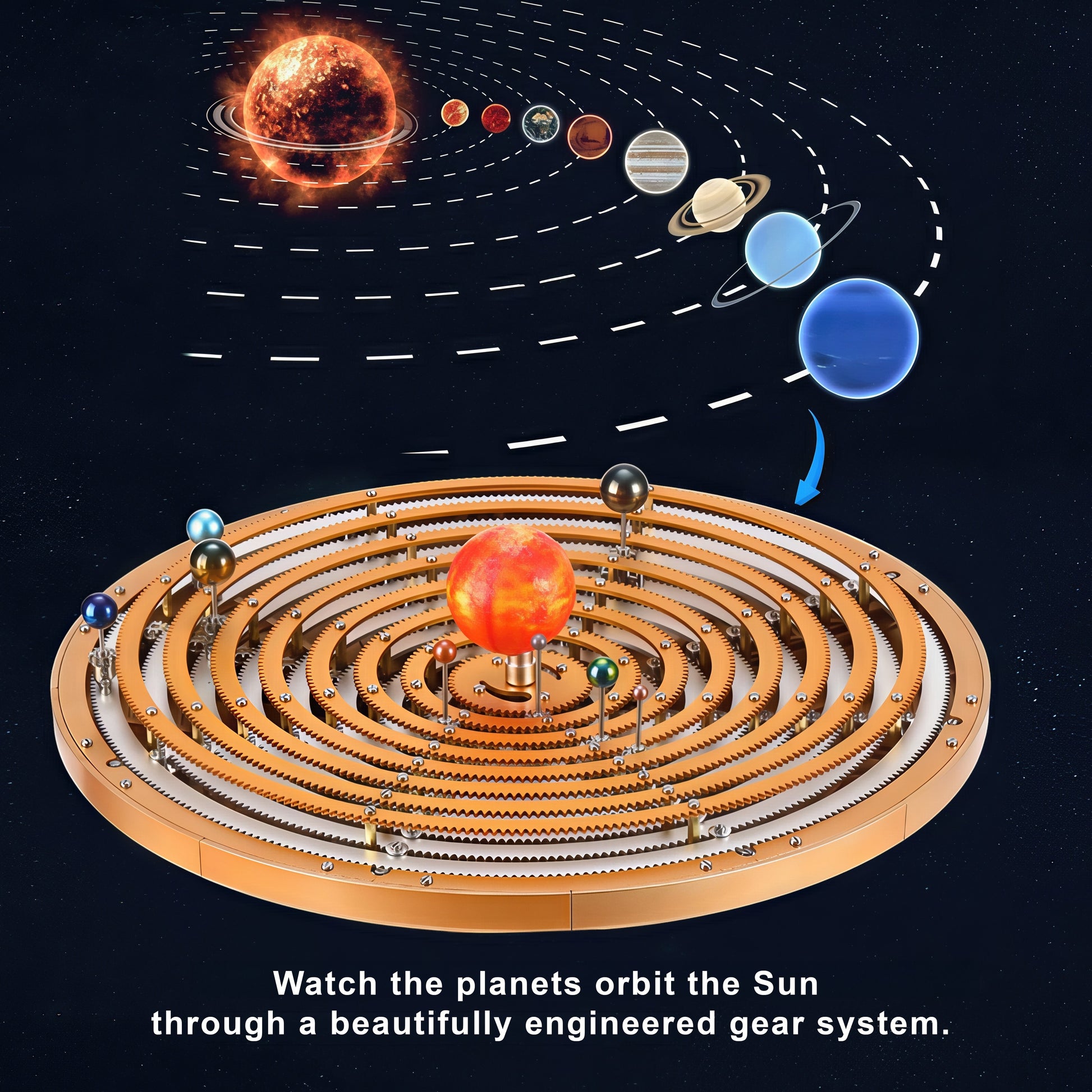 The Curious Mind Solar System DIY Kit features a metal mechanical gear system with planets orbiting a central sun, ideal for STEM education and display.