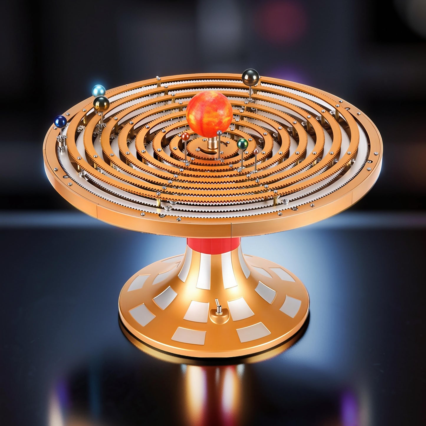 The Curious Mind Solar System DIY Kit features a detailed metal orrery model with intricate gears, a sun, and planets on a decorative stand.