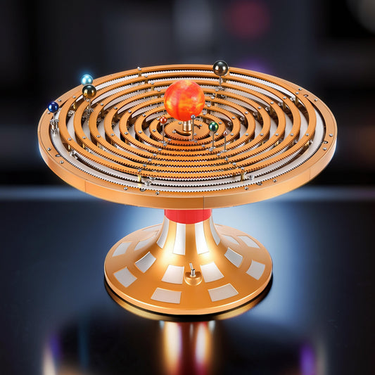 The Curious Mind Solar System DIY Kit features a detailed metal orrery model with intricate gears, a sun, and planets on a decorative stand.
