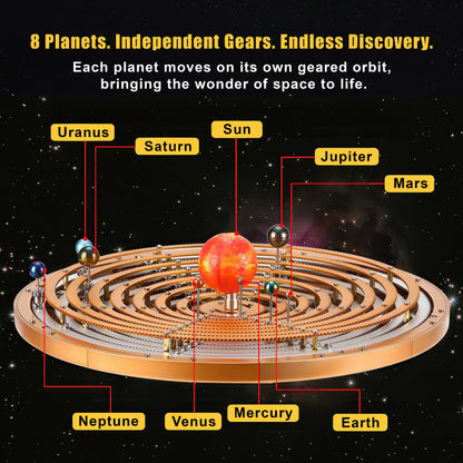 The Curious Mind Solar System DIY Kit with metal planets on geared orbits, a STEM display model.