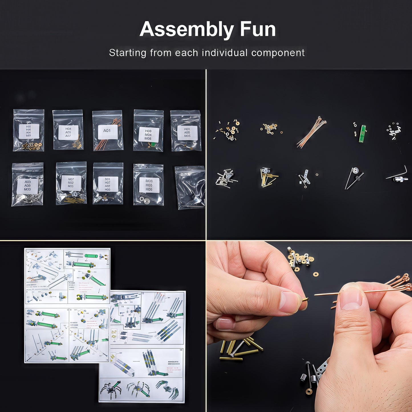 The Curious Mind Spider DIY Kit - Style F, a metal mechanical creature model kit with various parts and instructions.