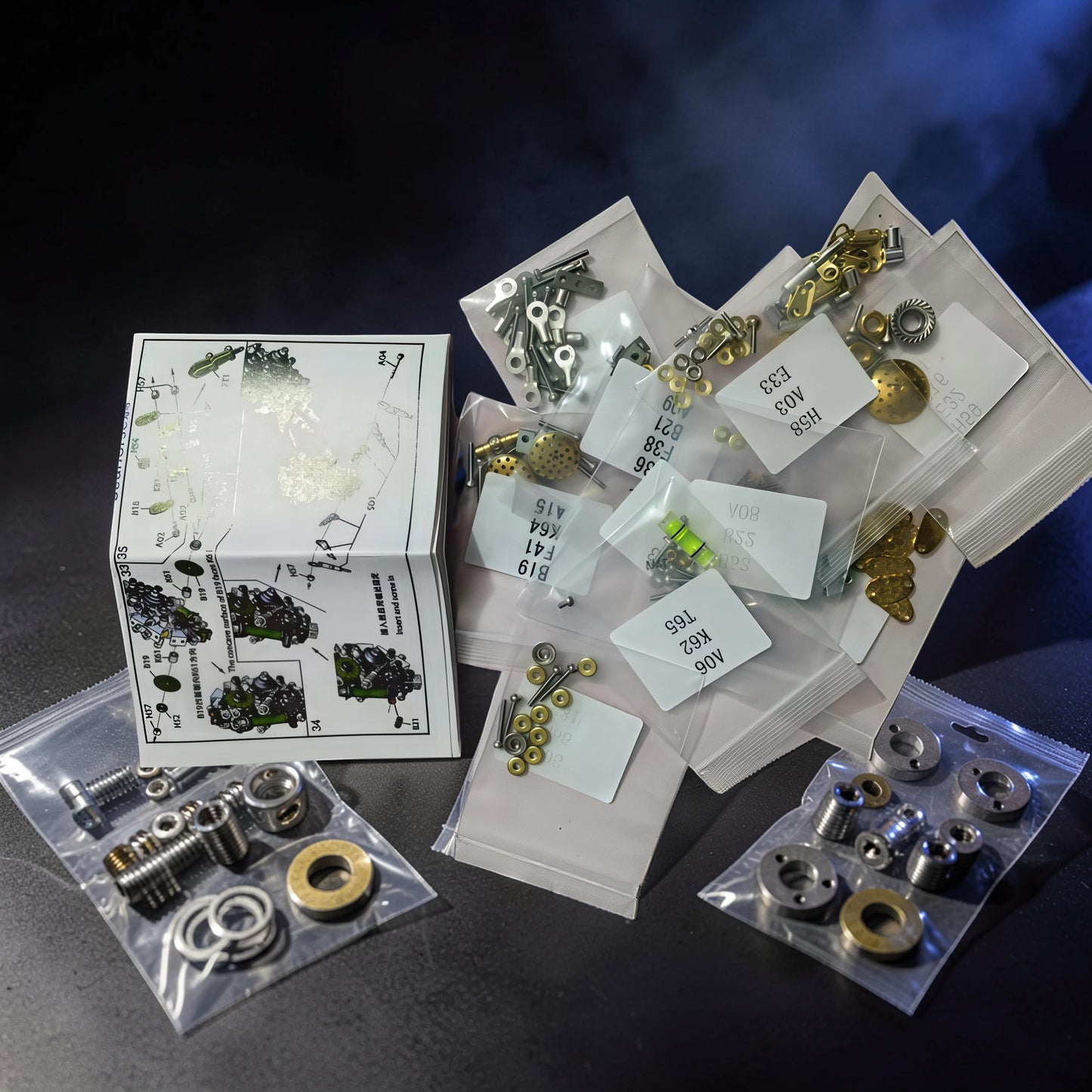 The Curious Mind Spider DIY Kit - Style F metal mechanical creature model kit with instruction manual and parts sorted in bags.