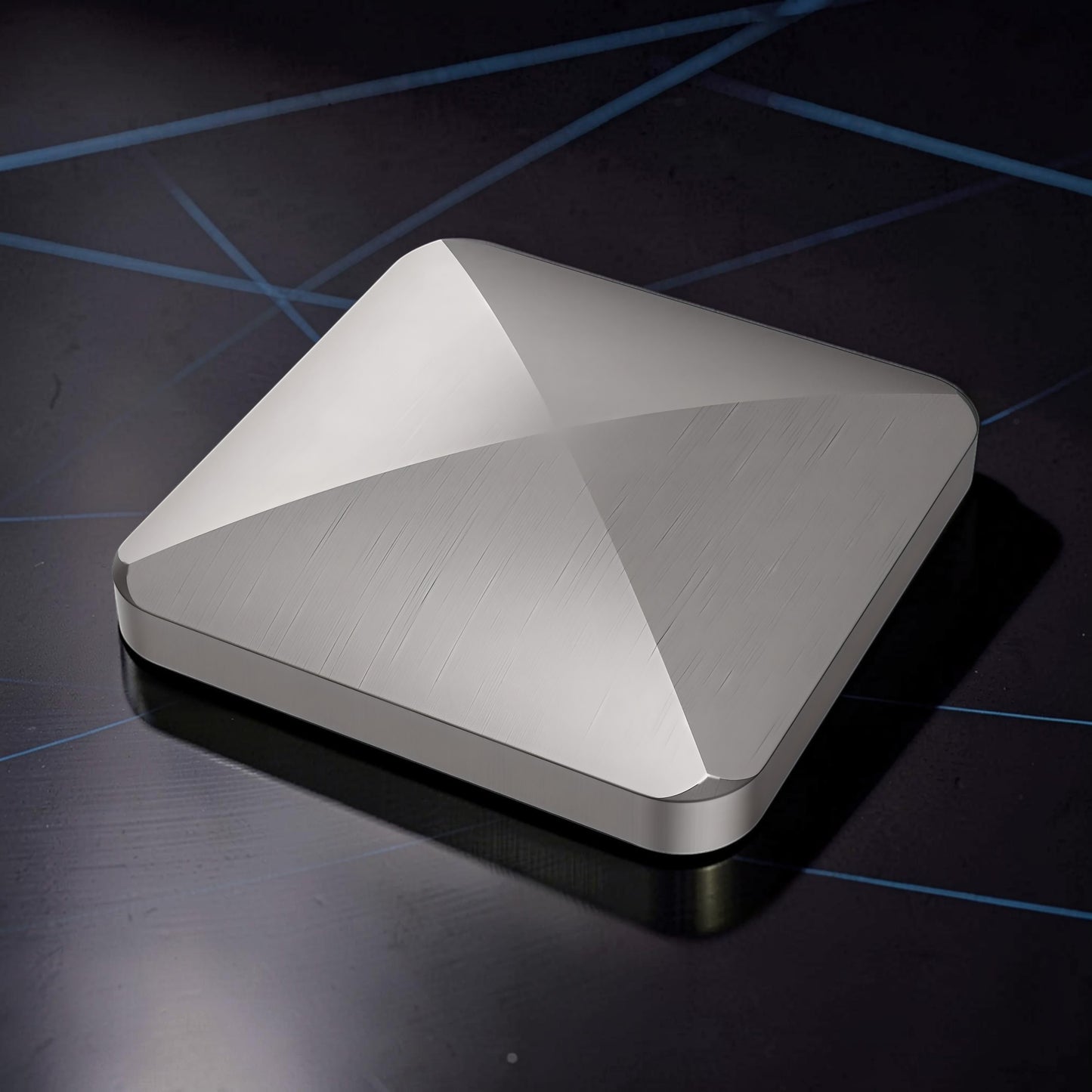The Curious Mind Flipo Flip Square Desk Spinner, brushed aluminum kinetic sculpture with faceted design for focus and stress relief.