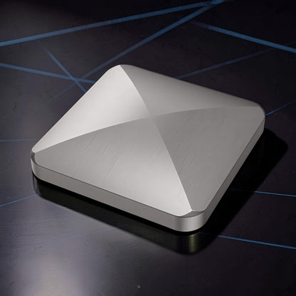 The Curious Mind Flipo Flip Square Desk Spinner, brushed aluminum kinetic sculpture with faceted design for focus and stress relief.